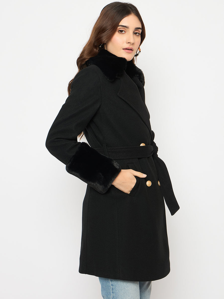 Madame Faux Fur Appliqué Double Breasted Black Long Coat