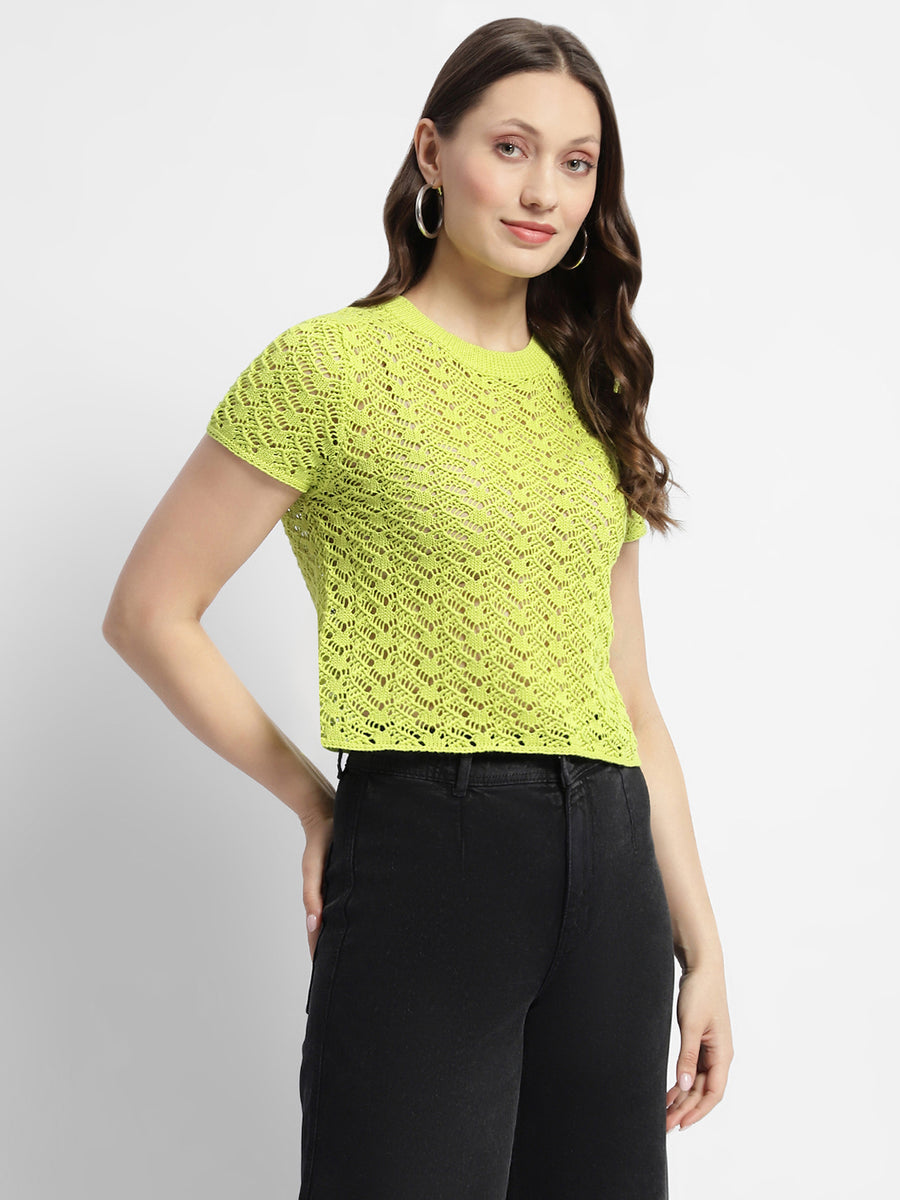 Madame Neon Green Round Neck Knitted Top