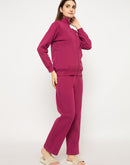 mSECRET Printed Zipped Top and Bottom Cotton Blend Plum Night Suit