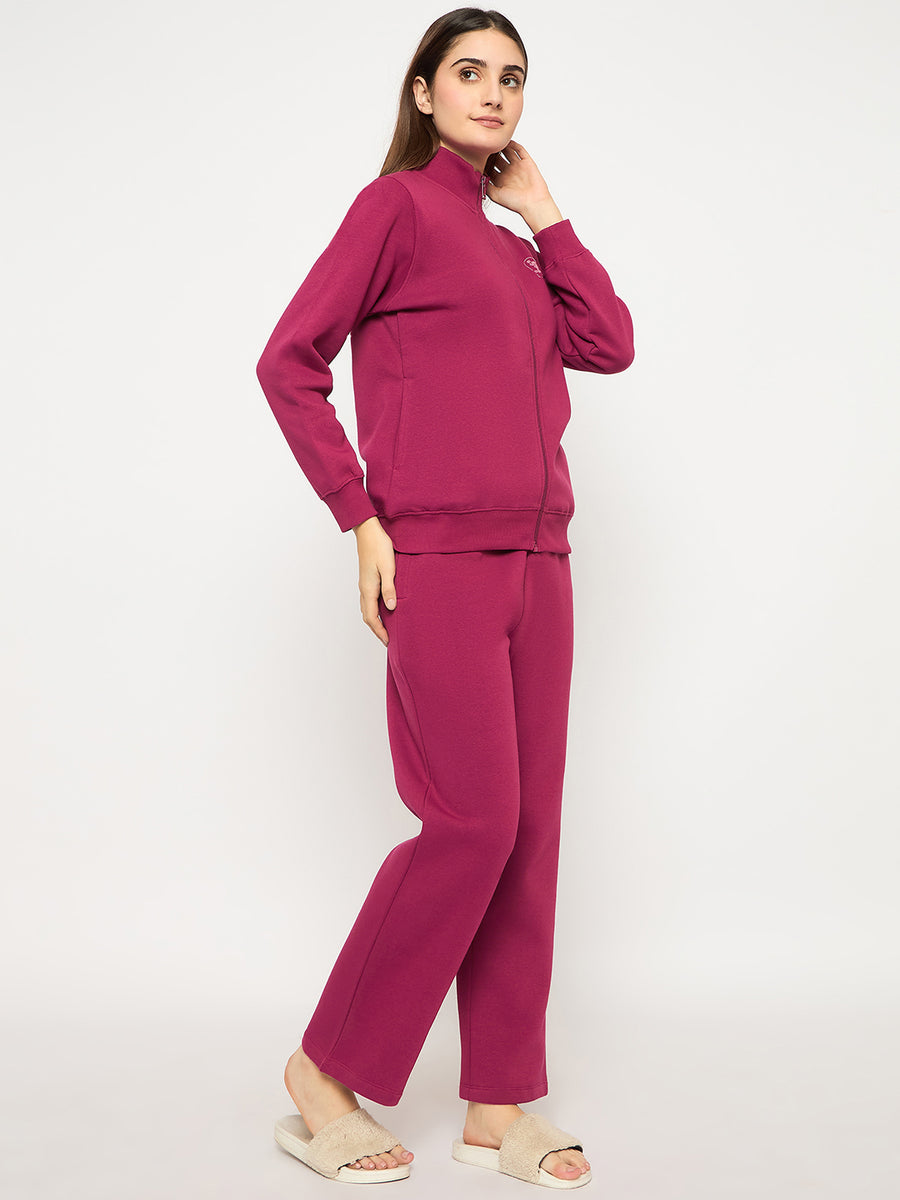 mSECRET Printed Zipped Top and Bottom Cotton Blend Plum Night Suit