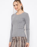 Madame Scalloped Neck Solid Grey Sweater