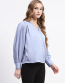 Madame Blue Satin Wrap Top with Flower Detail