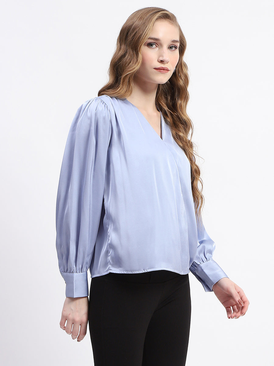 Madame Blue Satin Wrap Top with Flower Detail