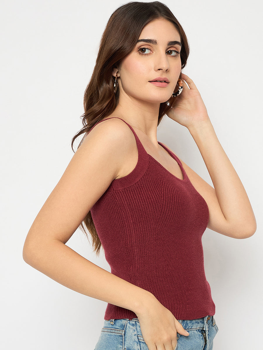 Madame Sleeveless Solid Wine Red Sweater