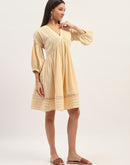 Madame Puff Sleeve Fit And Flare Cotton Beige Midi Dress