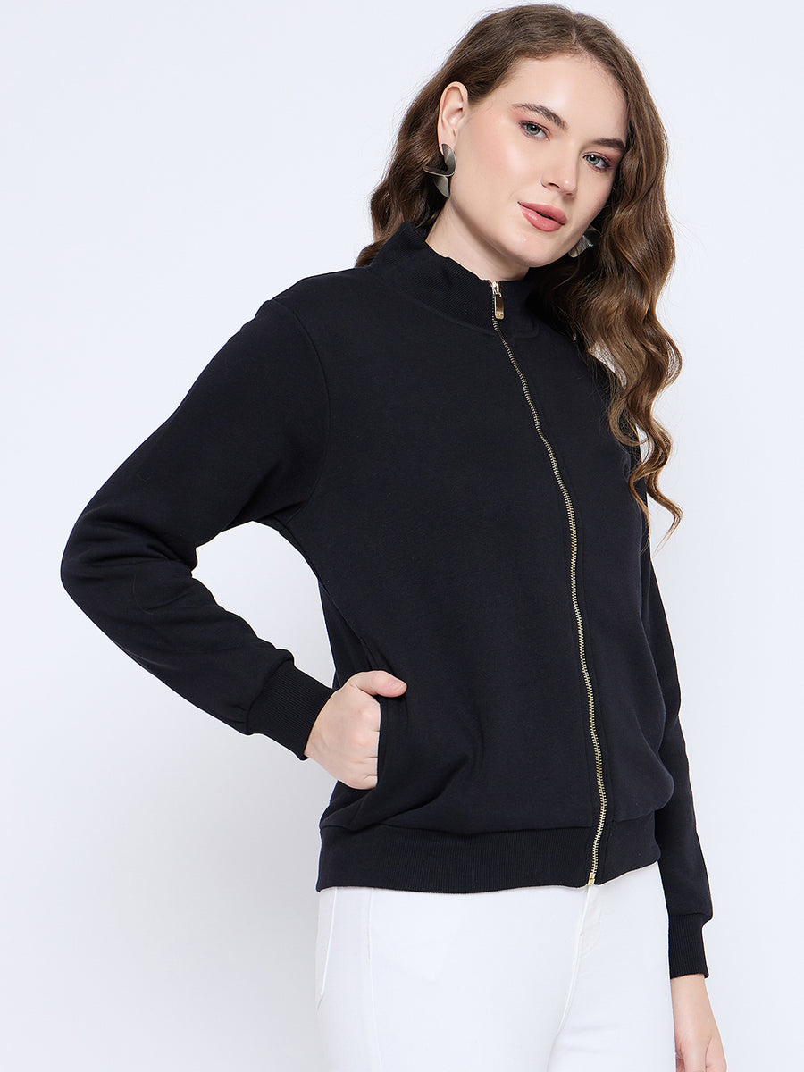 Madame Solid Black Elasticized Waist Gold Zipped Sweatshirt