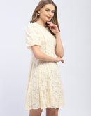 Madame Puff Sleeve Off-White Lace A-Line Dress