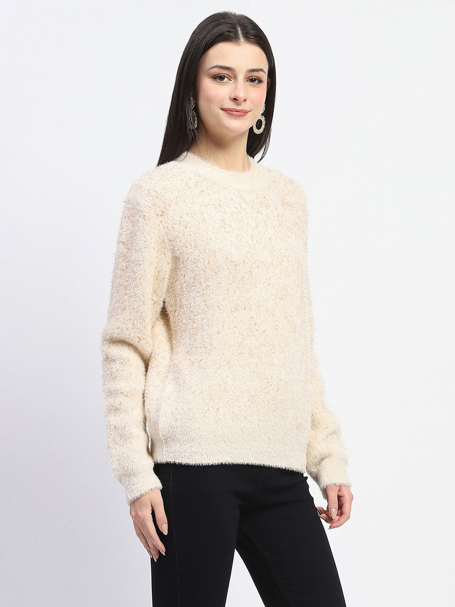 Madame Nylon Blend Full Sleeve Solid Beige Sweater