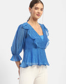 Madame Surplice Neck Royal Blue Poet Sleeve Top