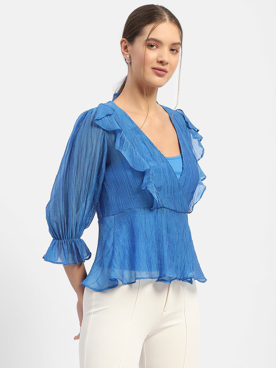 Madame Surplice Neck Royal Blue Poet Sleeve Top