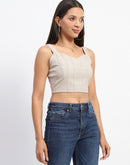 Madame Chequered Beige Strap Neckline Crop Top