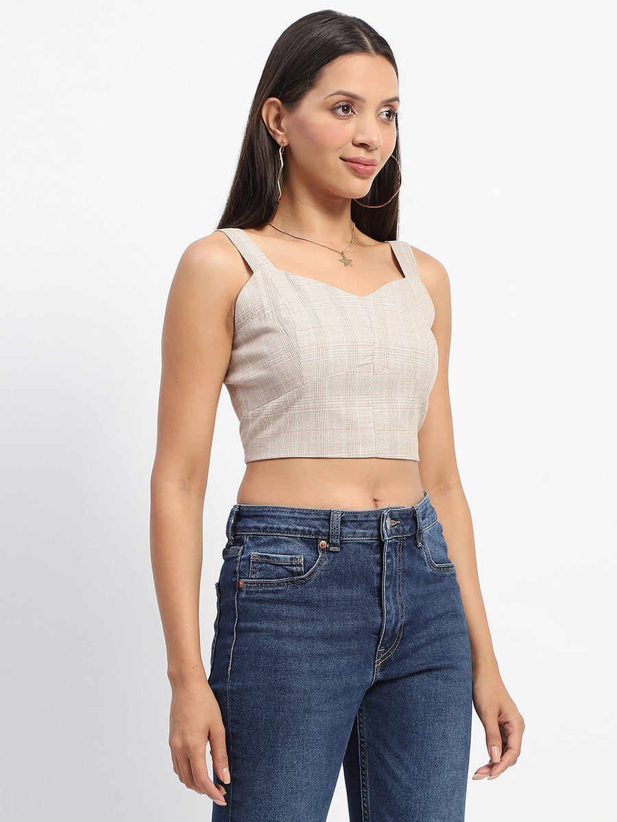 Madame Chequered Beige Strap Neckline Crop Top