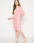 Madame Plaid Square Neck Pink Midi Sheath Dress