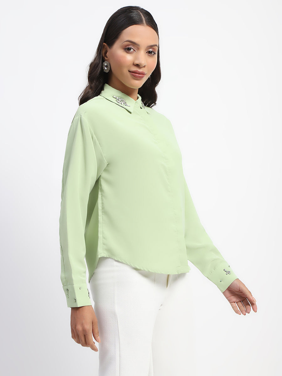 Madame Collar And Sleeve Embellished Green Shirt