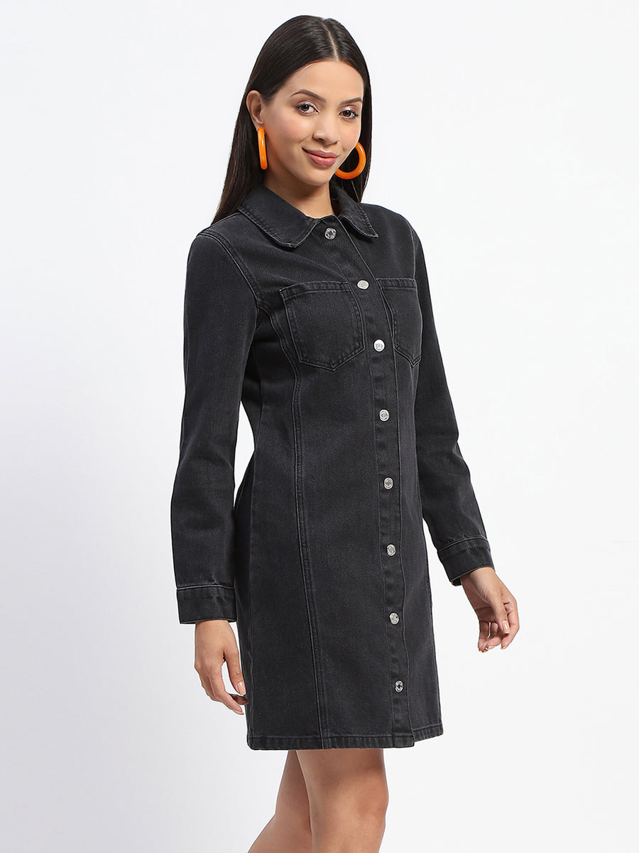 Madame Collared Jacket Style Black Denim Dress