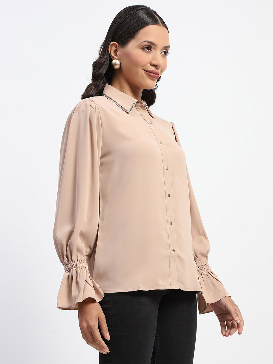 Madame Embellished Beige Button Down Shirt