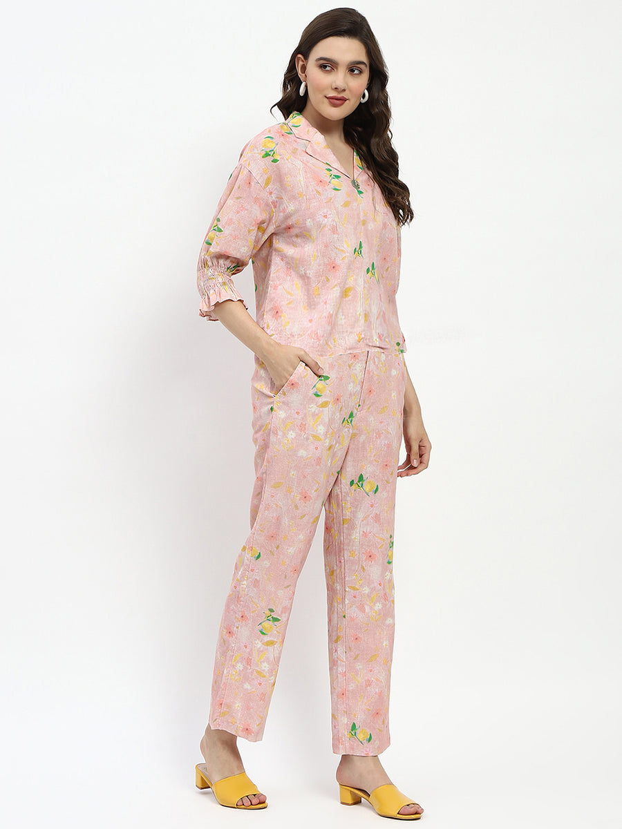 Madame Floral Print Cotton And Linen Peach Co-Ord Set