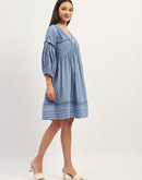 Madame Puff Sleeve Fit And Flare Cotton Blue  Midi Dress