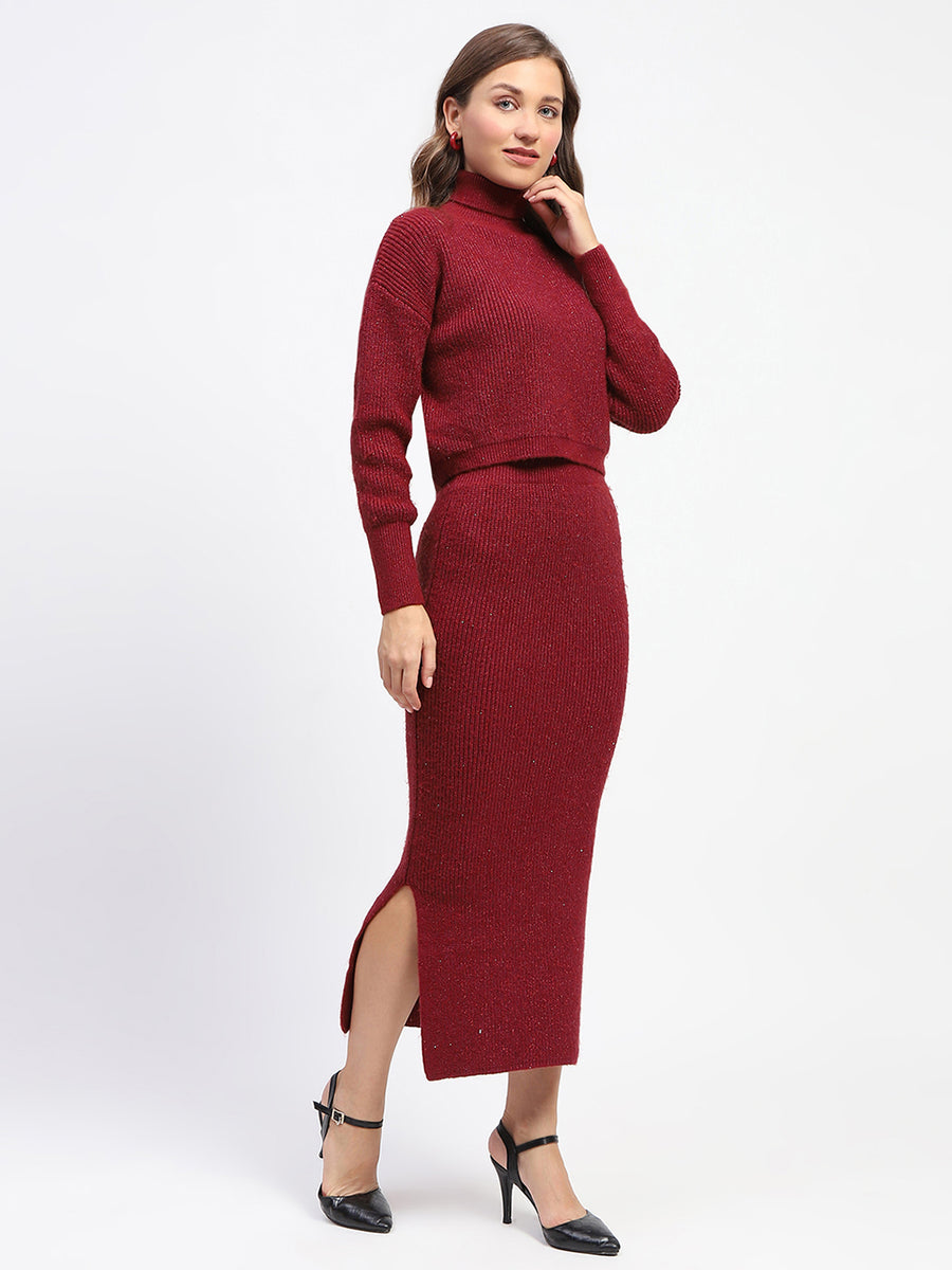 Madame Shanaya Kapoor Red Shimmery Turtleneck Top and Skirt Co-ord Set