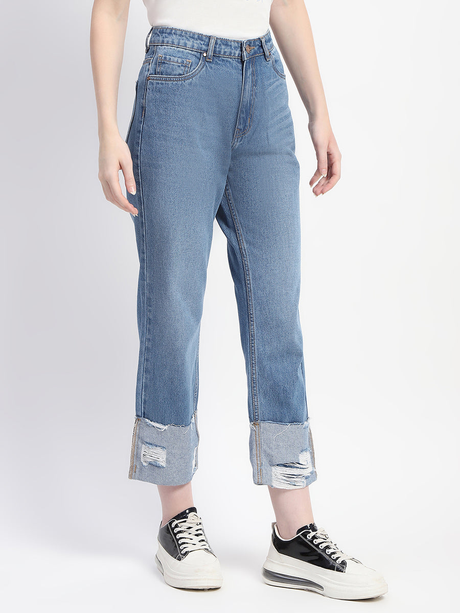 Madame Whiskered Folded Hem Ripped Denim