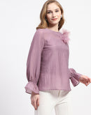 Madame 3D Flower Detailed Round Neck Solid Lilac Top