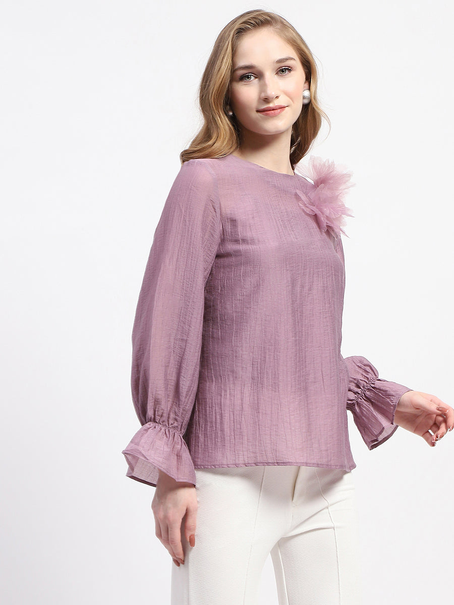 Madame 3D Flower Detailed Round Neck Solid Lilac Top