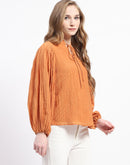 Madame Mock Neck Solid Orange Cotton Blend Top