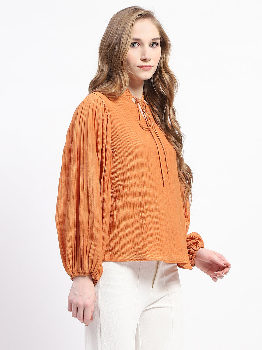 Madame Mock Neck Solid Orange Cotton Blend Top