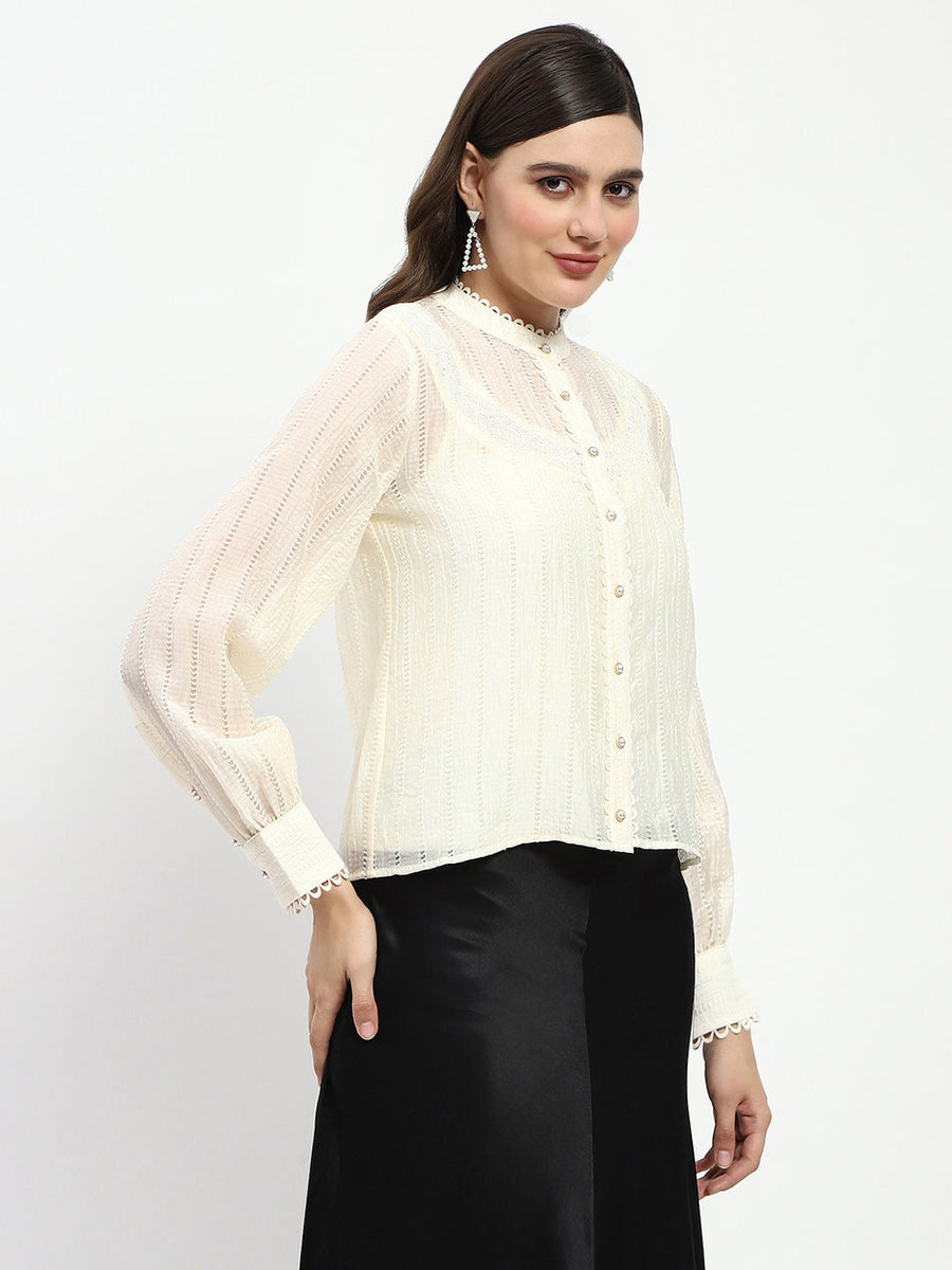 Madame Bridgerton Embroidered Lacework Beige Tencel Shirt