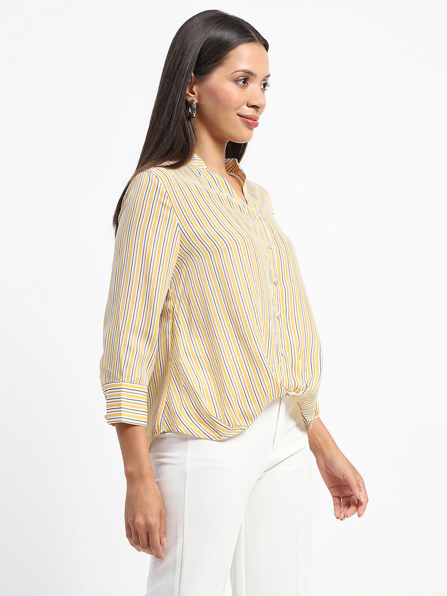 Madame Striped Mandarin Collar Button Down Shirt