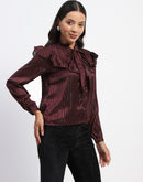 Madame Tie Knot Frill Necked Striped Wine Top