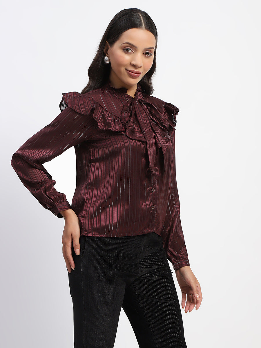 Madame Tie Knot Frill Necked Striped Wine Top