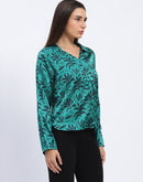 Madame Stylish Teal Green Leaf Print Shirt with Long Sleeves