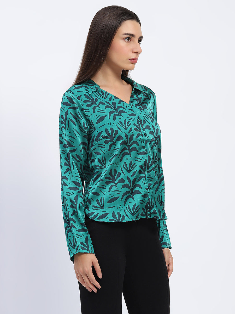 Madame Stylish Teal Green Leaf Print Shirt with Long Sleeves