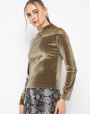 Madame Band Neck Sew Detailed Swarovski Embellished Olive Velvet Top