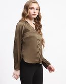 Madame Satin Bell Sleeve Collared Solid Olive Green Top