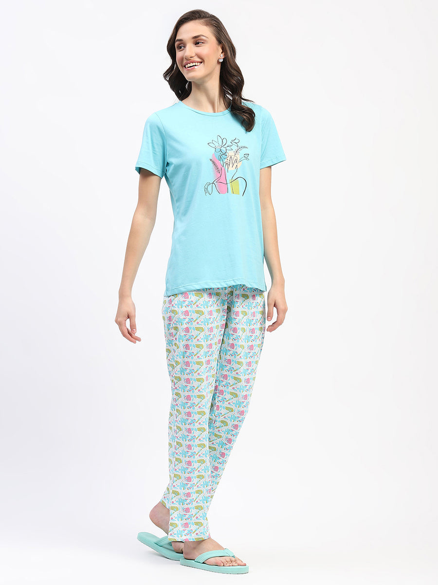 mSECRET Blue Cotton T-Shirt and Floral Print Pyjama Night suit Set