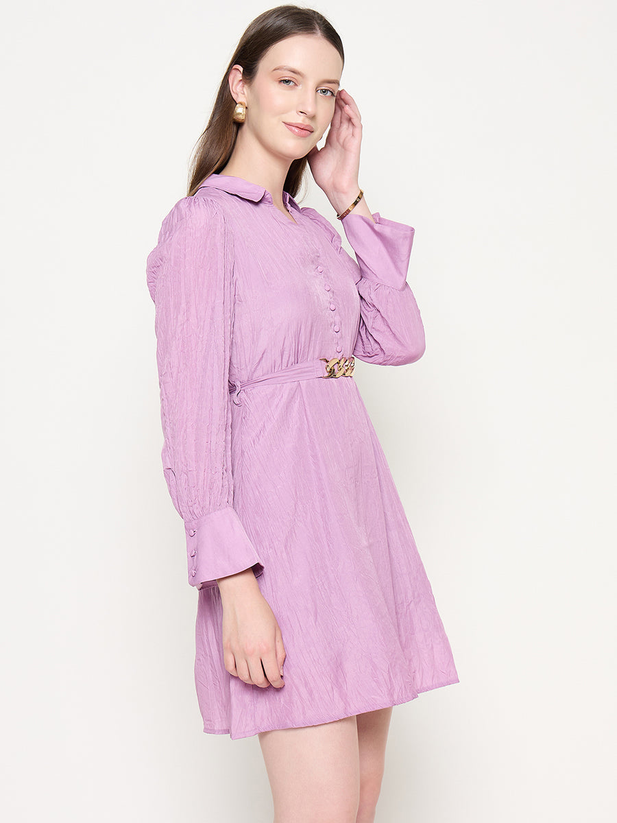 Madame Flounce Sleeved Belted Mauve Mini Dress