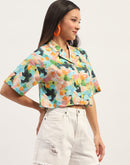 Madame Graphic Print Cotton Sky Blue Cropped Shirt