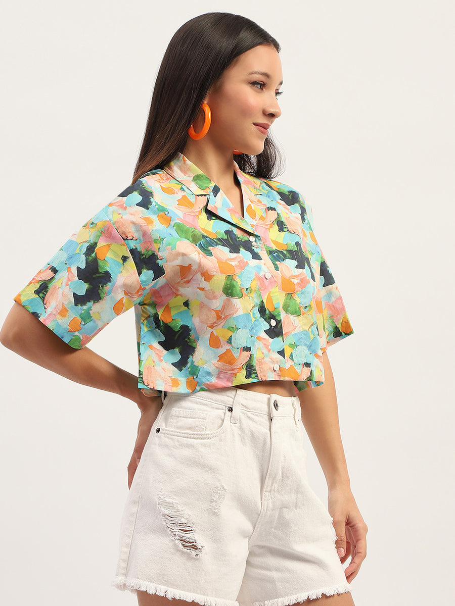 Madame Graphic Print Cotton Sky Blue Cropped Shirt