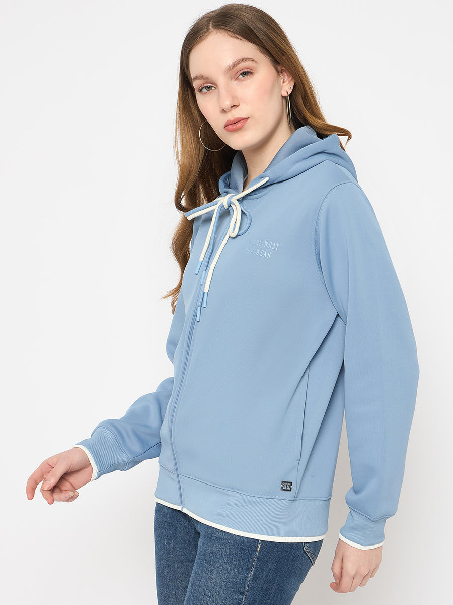 Madame Bonded Fleece Placement Print Light Blue Zipped Sweatshirt