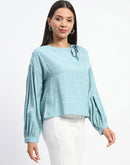 Madame Tie Neck Puff Sleeve Chequered  Aqua Blue Top