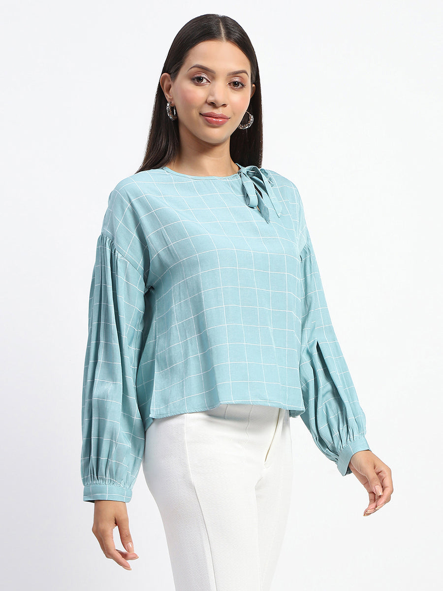 Madame Tie Neck Puff Sleeve Chequered  Aqua Blue Top