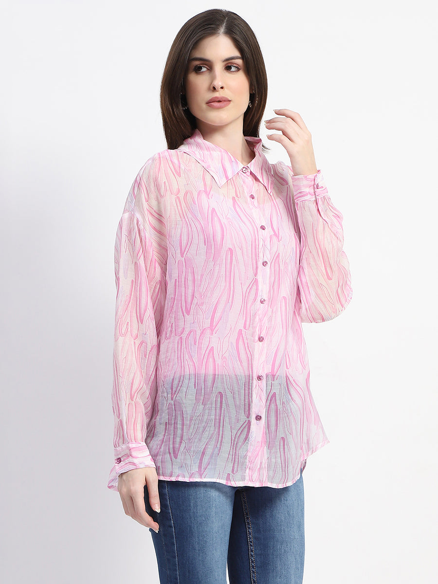 Madame Semi Sheer Abstract Print Baby Pink Shirt