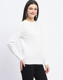 Madame Solid Full Sleeve Off White Knitted Top