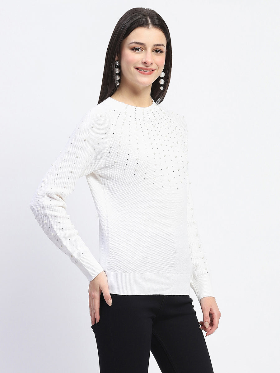 Madame Solid Full Sleeve Off White Knitted Top