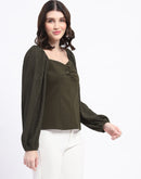 Madame Sweetheart Neck Elasticated Rush Detailed Solid Olive Knit moss Top