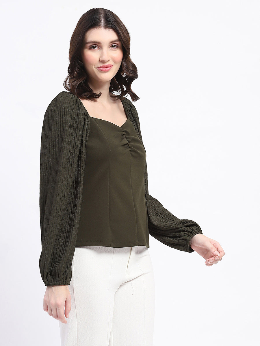 Madame Sweetheart Neck Elasticated Rush Detailed Solid Olive Knit moss Top