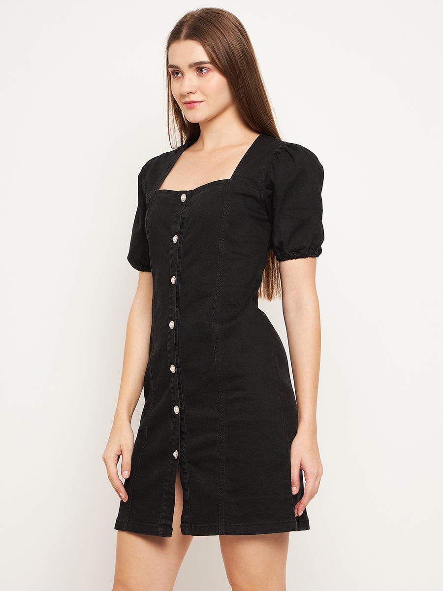 Madame Button Down Solid Black Mini Denim Dress