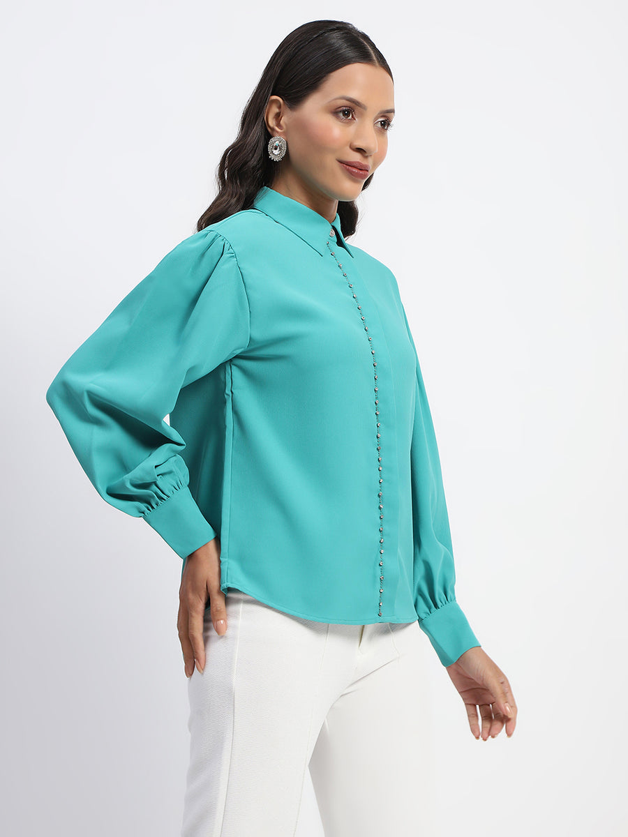 Madame Embellished Cuffed Sleeve Green Shirt